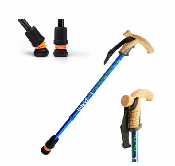 telescopic flexifoot walking stick colour blue cork handle