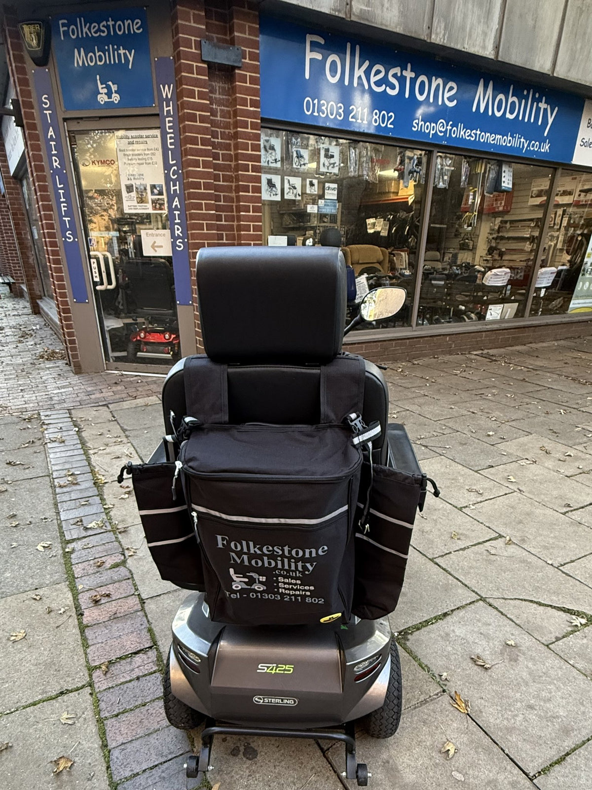 Pre-owned Sterling S425 8mph mobility scooter - rear view with Folkestone Mobility bag