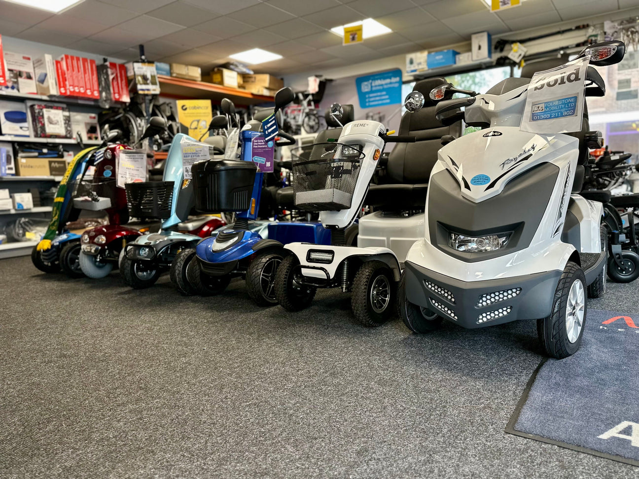 used Pre-owned reconditioned mobility scooters folkestone kent on display in our showroom