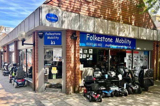 Folkestone Mobility Shop with mobility scooter parked outside. These mobility scooter are for sale and some are for hire