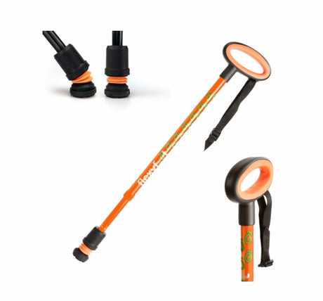 telescopic flexifoot walking stick colour orange oval handle
